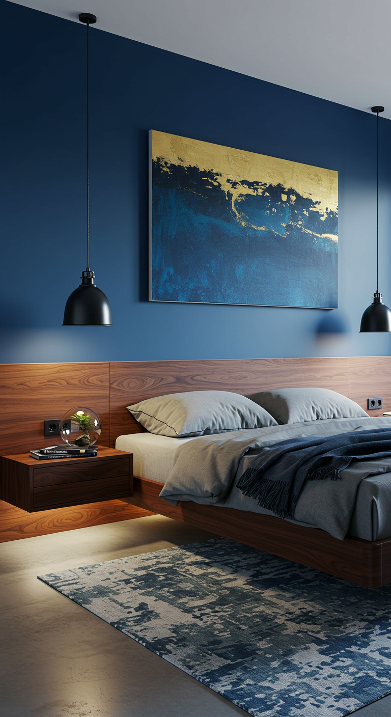 Modernes Schlafzimmer mit dunkelblauer Wand, Holzakzenten und abstraktem Kunstwerk.