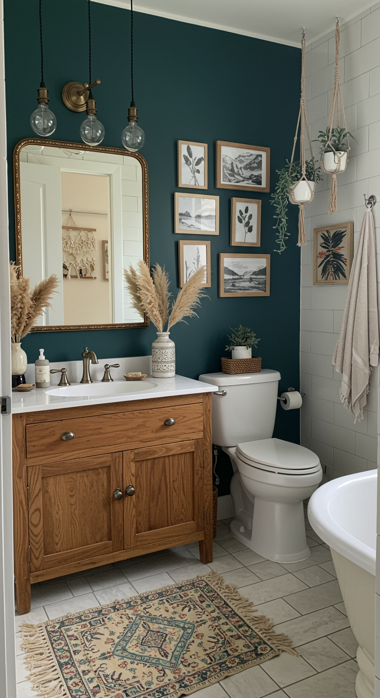 Badezimmer mit petrolfarbener Wand, Holzakzenten und Golddetails.