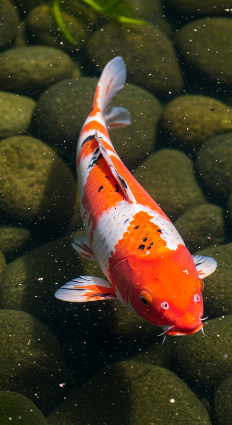 Nahaufnahme eines rot-weißen Koi-Karpfens, der über runden Steinen schwimmt.