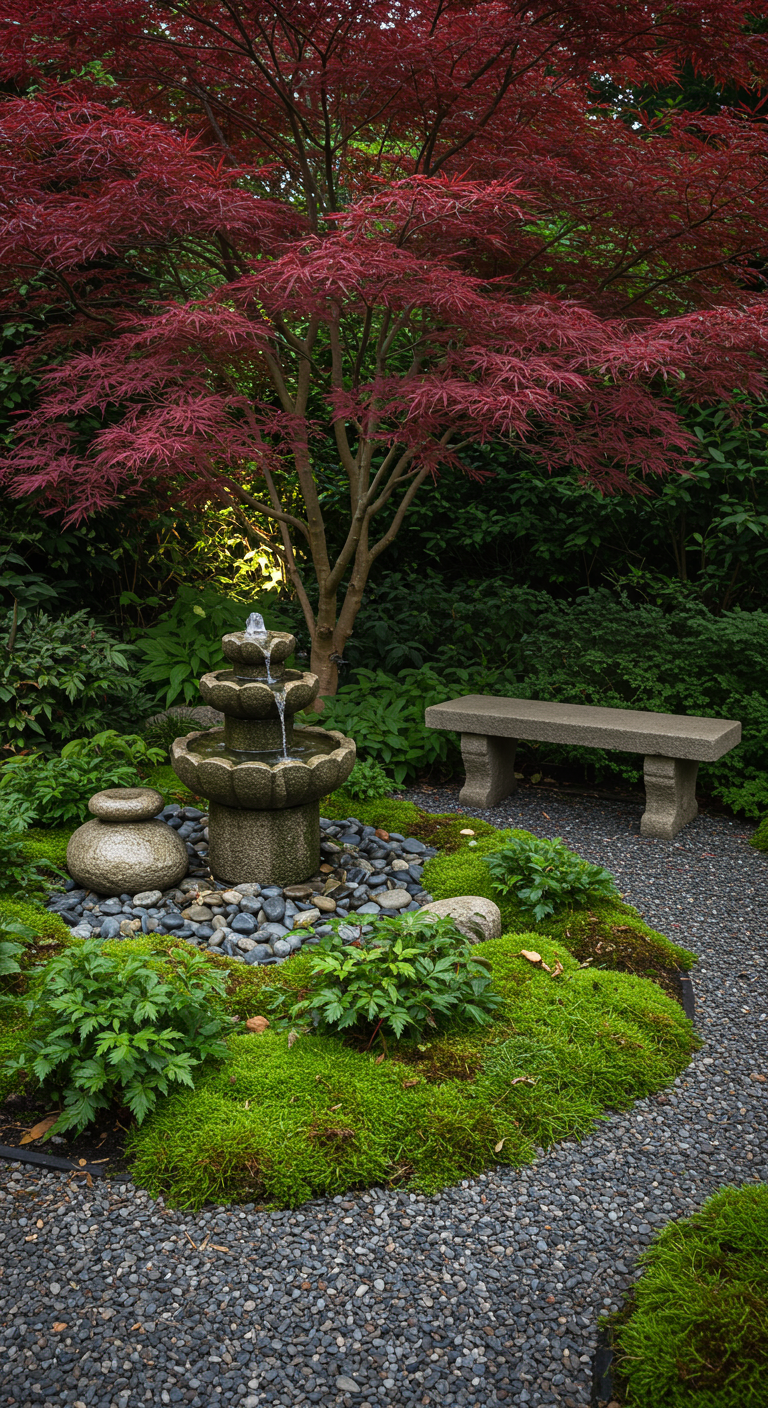 Kleiner Steingartenbereich mit Brunnen, Bank, rotem Ahorn und Moos.