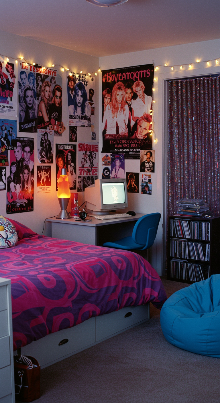 Jugendzimmer mit vielen Postern an der Wand, Lichterketten und einer Lavalampe.