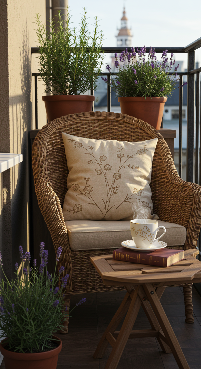Heller Rattansessel mit cremefarbenem Kissen und besticktem Zierkissen auf Balkon.