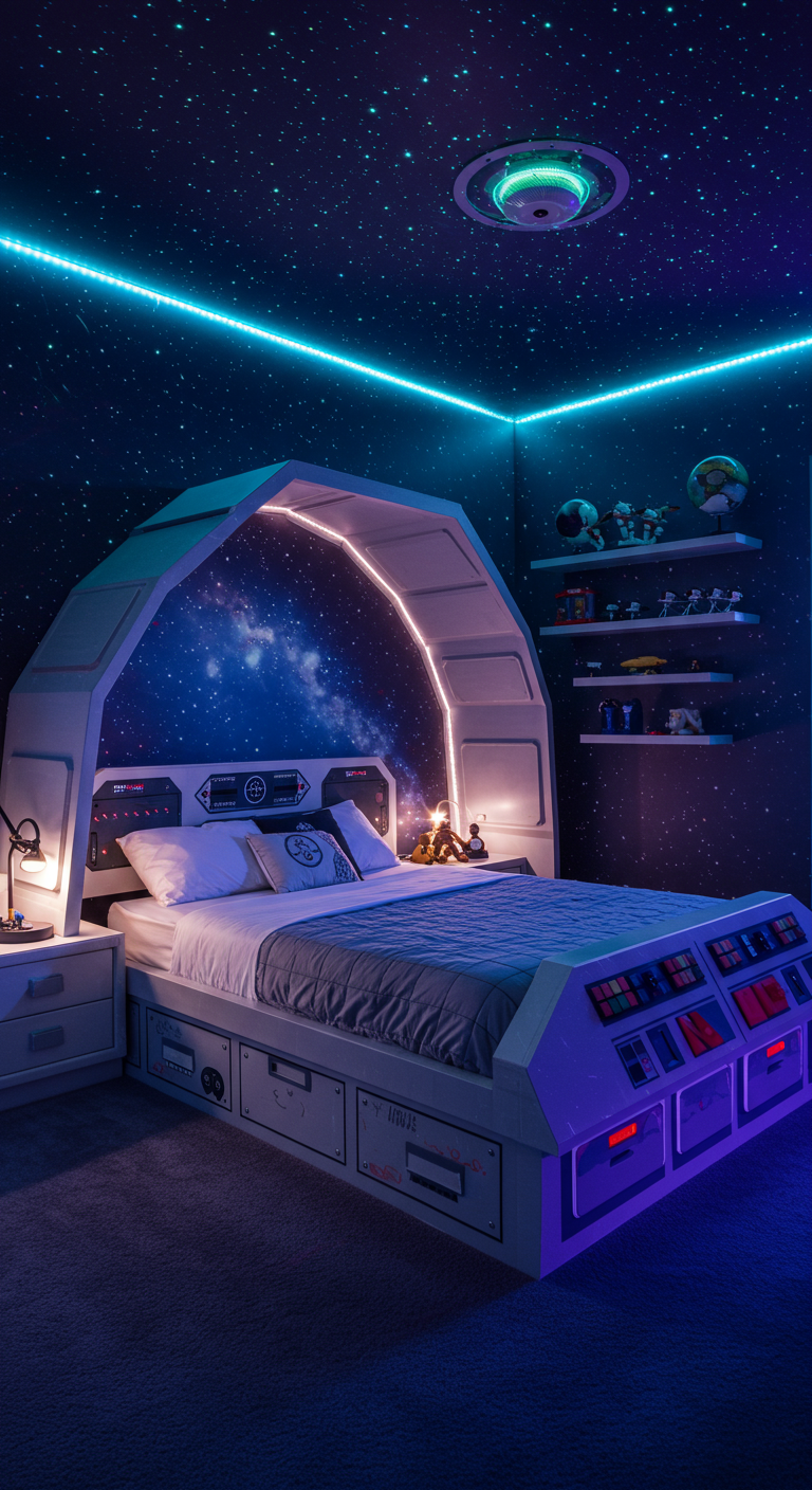 Futuristisches Kinderzimmer mit Raumschiff-Bett und Sternenhimmel-Projektion.