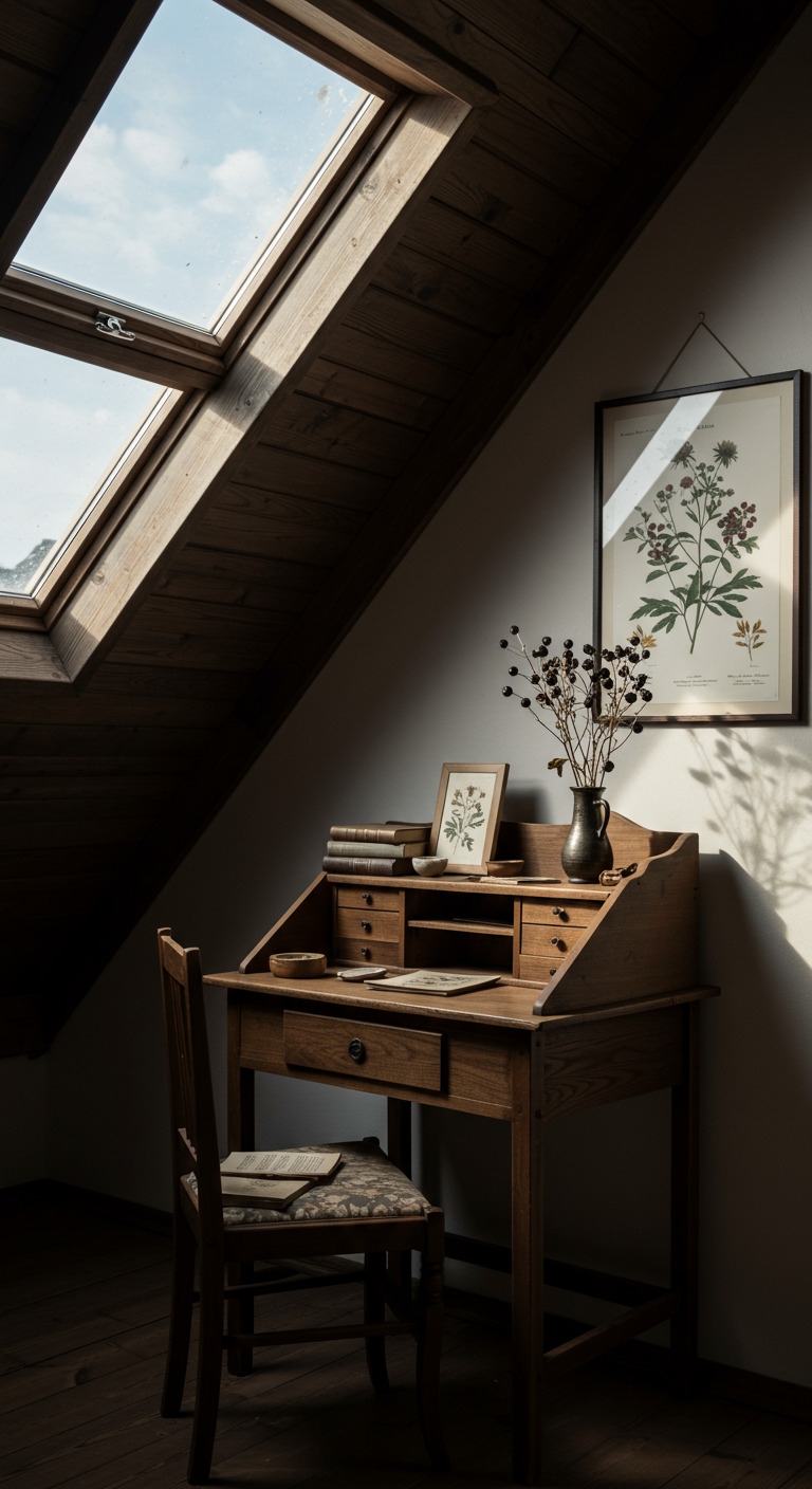 Kleiner Holzsekretär unter einem Dachfenster mit botanischem Druck.
