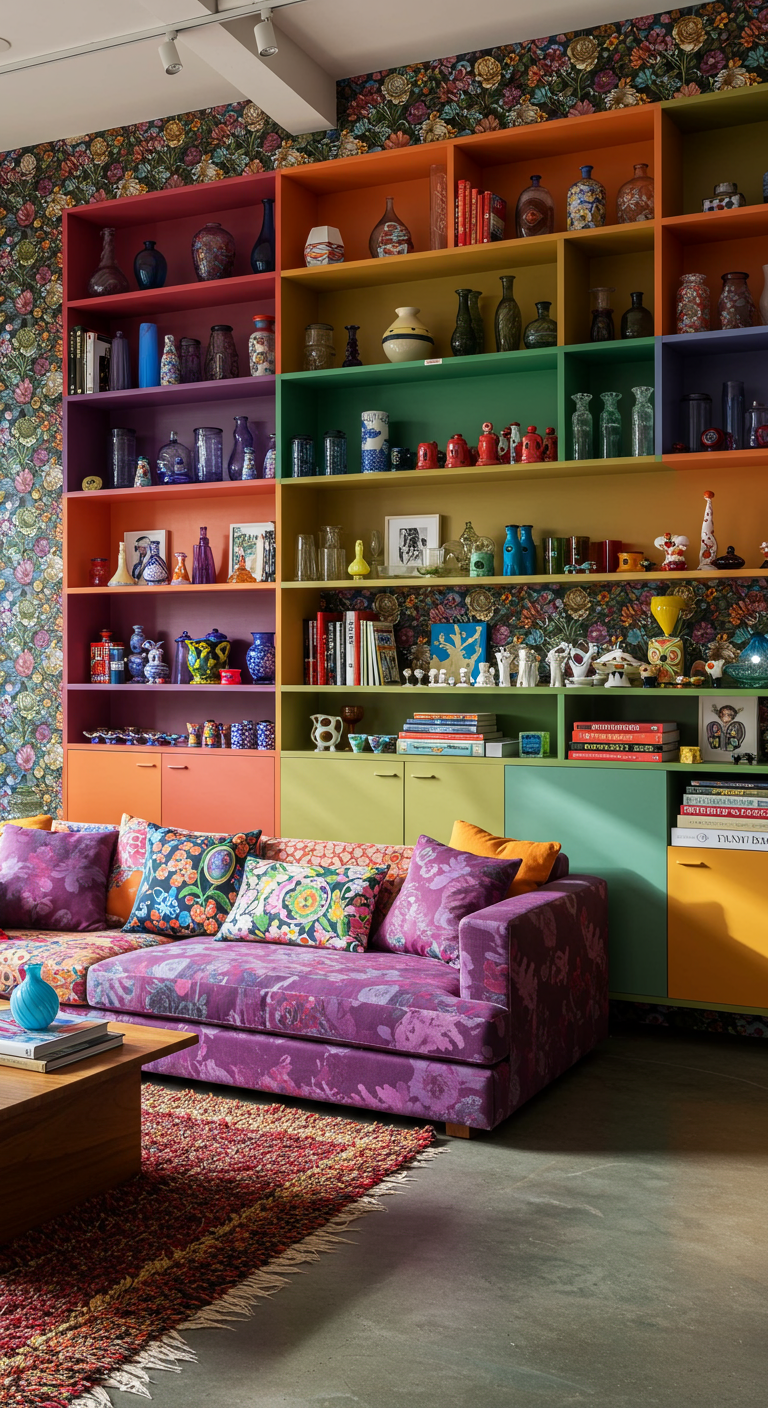 Buntes Wohnzimmerregal, nach Farben sortiert, vor geblümter Tapete und Sofa.