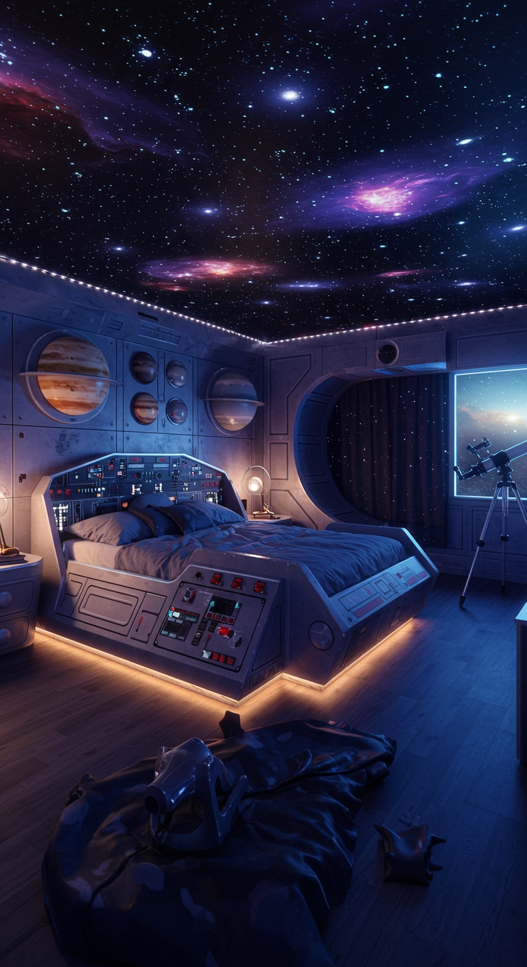 Futuristisches Kinderzimmer mit Raumschiffbett und Sternenhimmel-Decke.