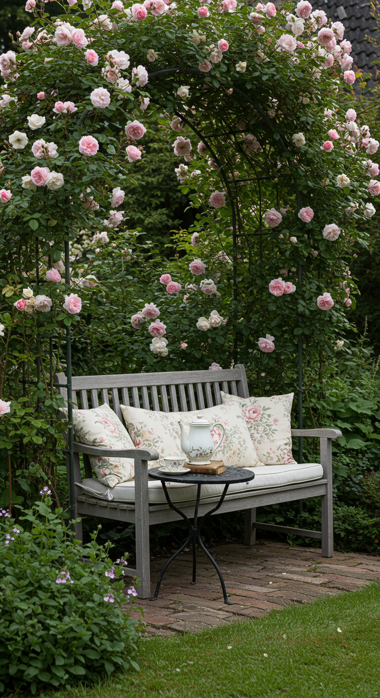 Holzbank unter einem Rosenbogen mit rosa Blüten und Kissen.