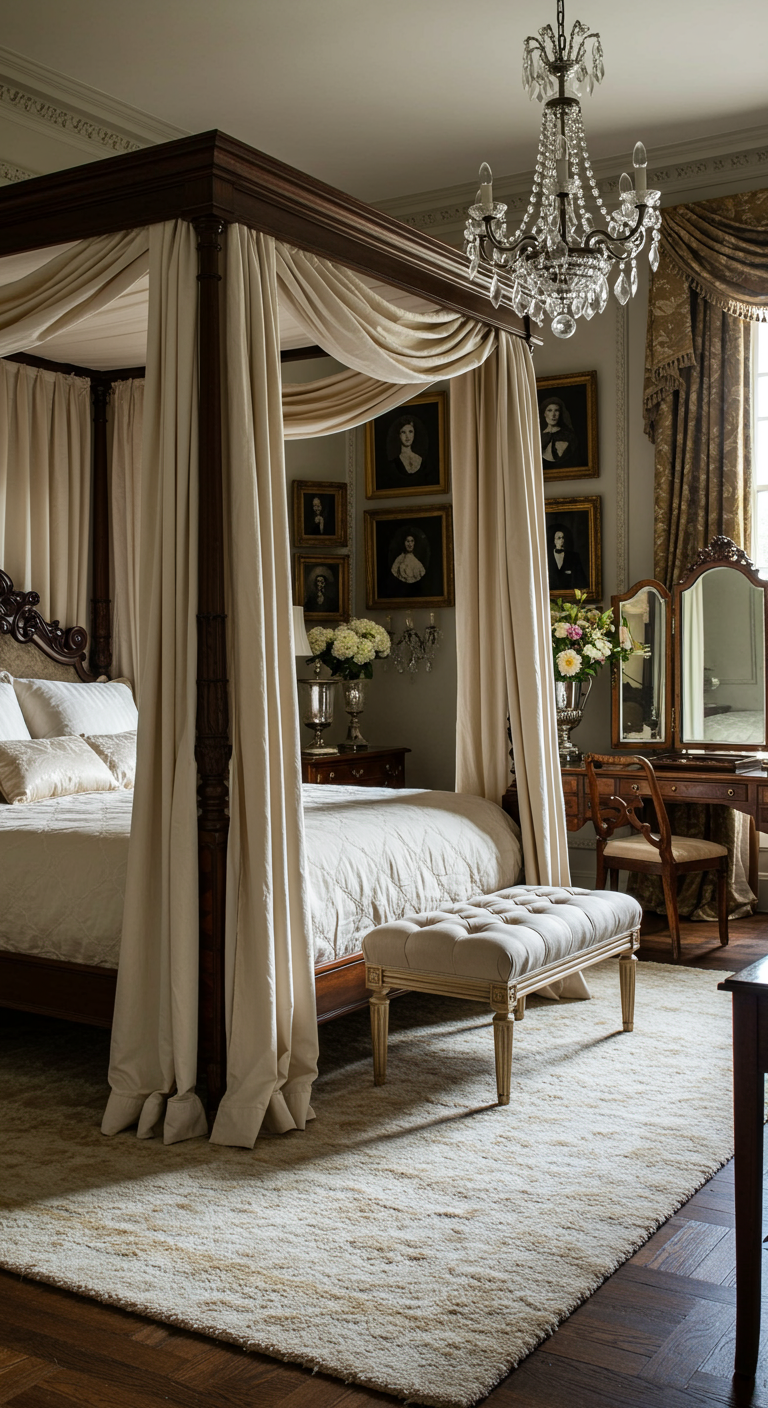 Elegantes Schlafzimmer mit Himmelbett, beigen Vorhängen und Kronleuchter.