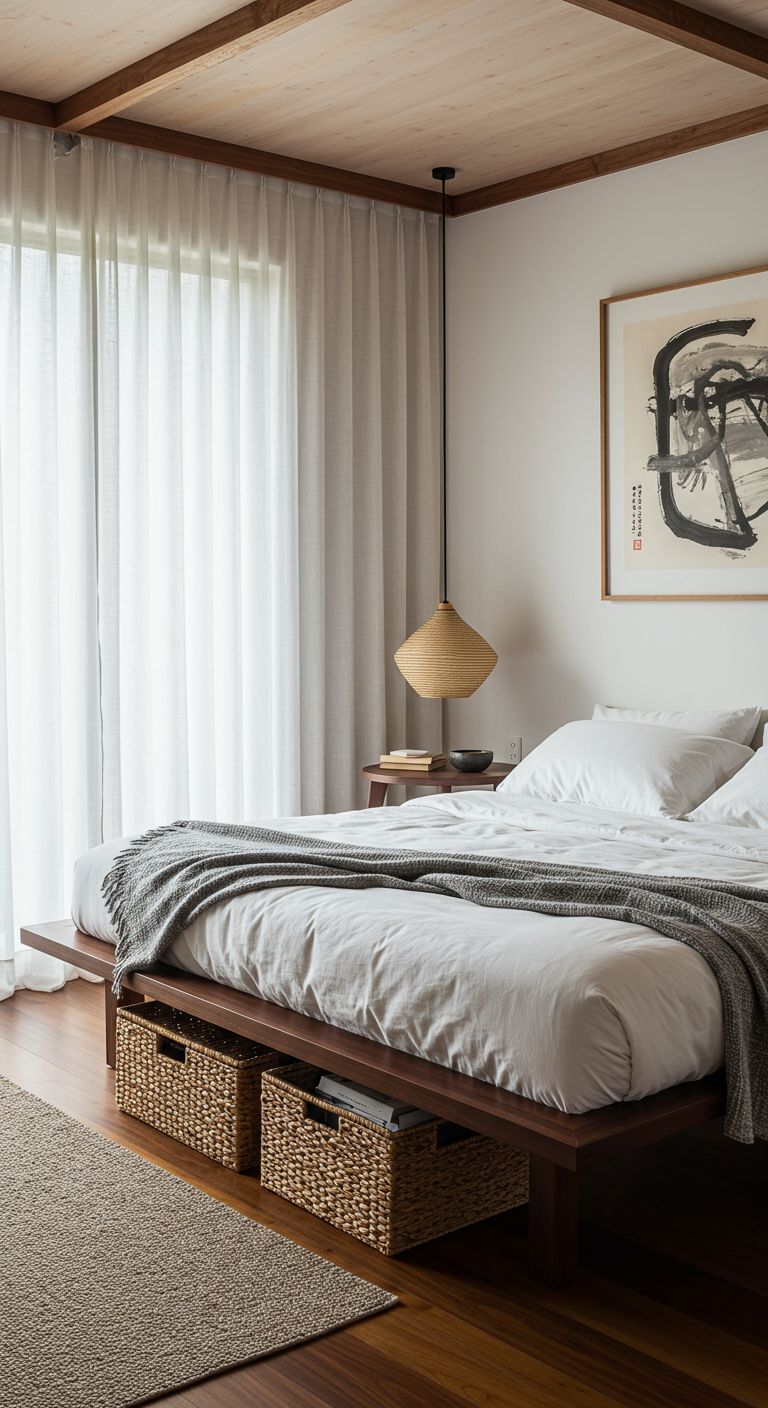 Japandi Schlafzimmer mit niedrigem Holzbett und Korblampe.