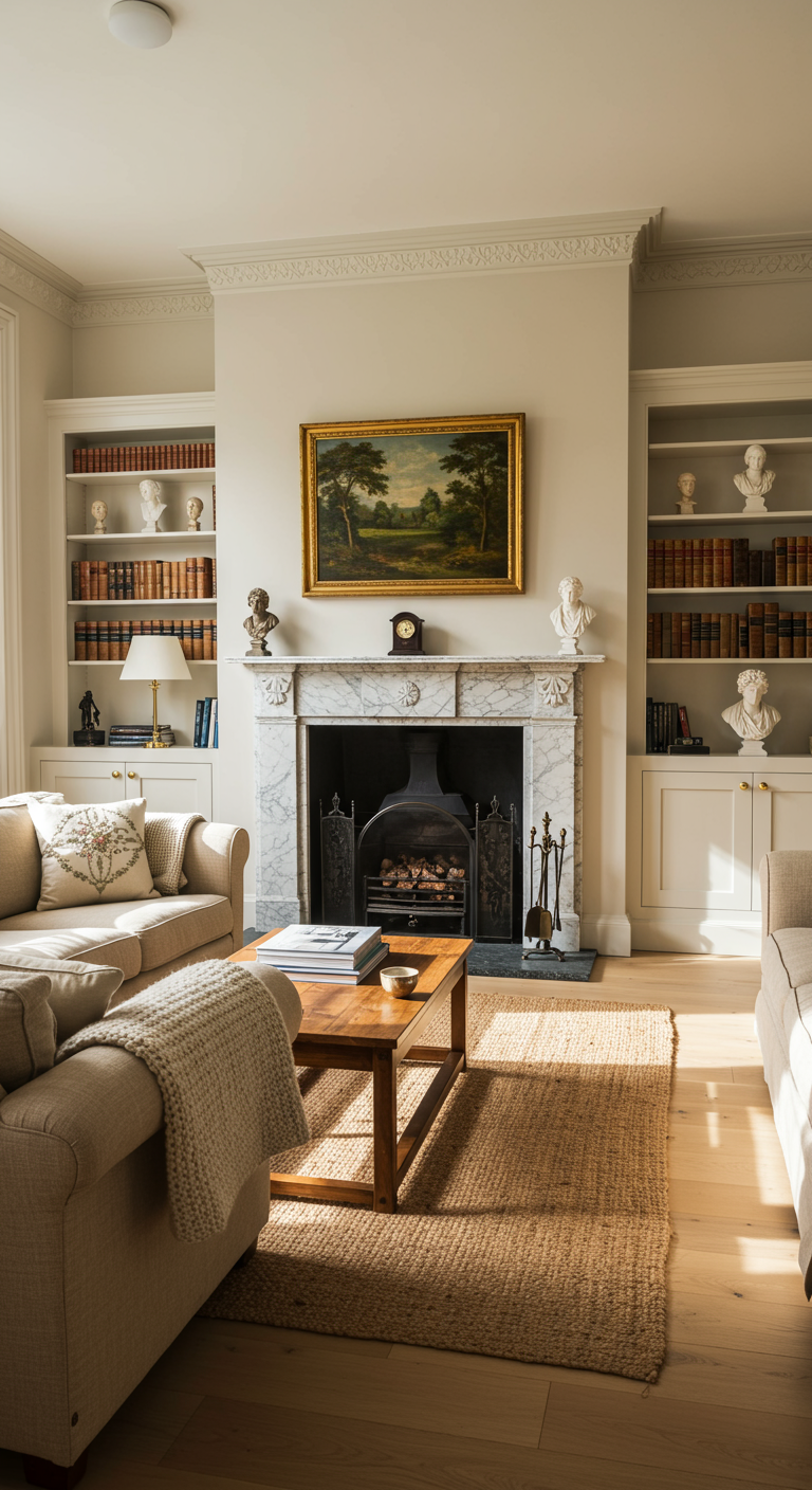 Helles Wohnzimmer im Light Academia Stil mit Kamin, Bücherregalen und beigen Sofas.