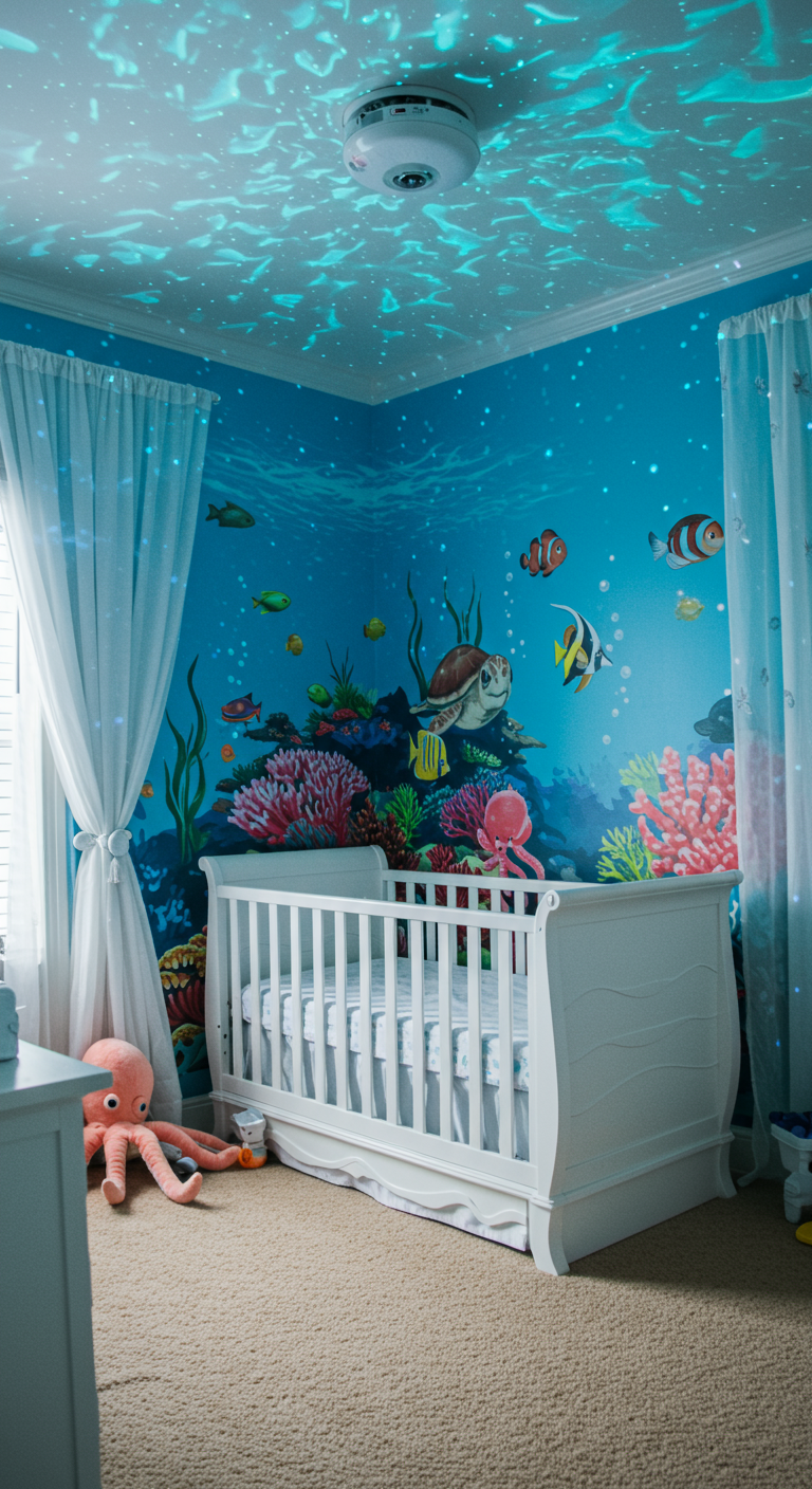 Babyzimmer mit Unterwasser-Wandmalerei und Gitterbett.
