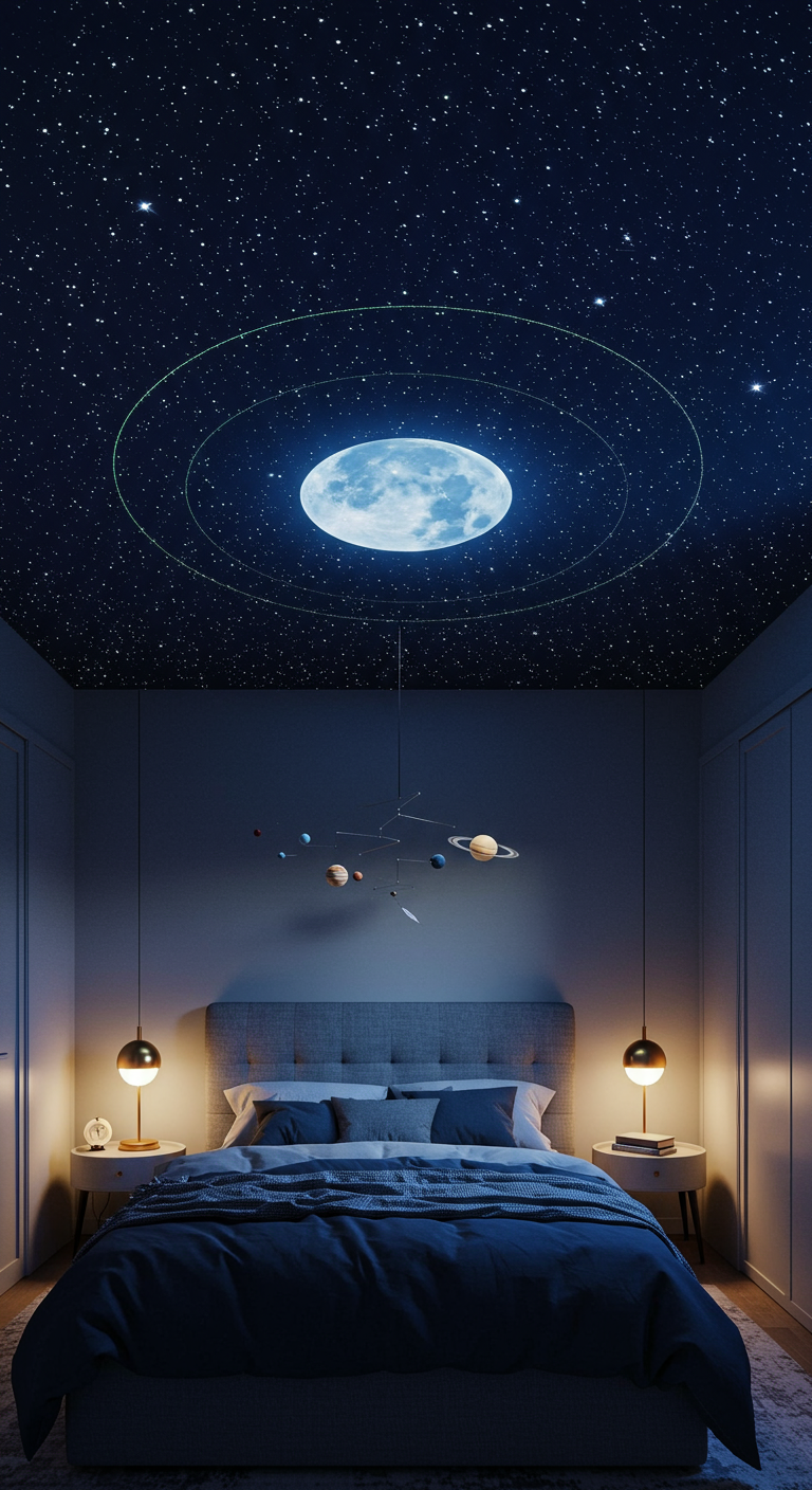 Schlafzimmer mit großem Mond an der Decke und Planetenmobile.