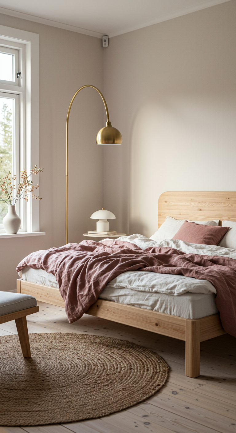 Skandinavisches Schlafzimmer mit Holzbett, rosa Leinen und Bogenlampe.