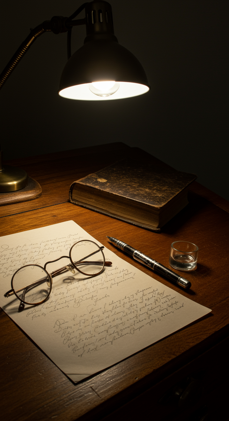 Schreibtisch bei Nacht mit altem Buch, Brille, Stift und handgeschriebener Notiz.