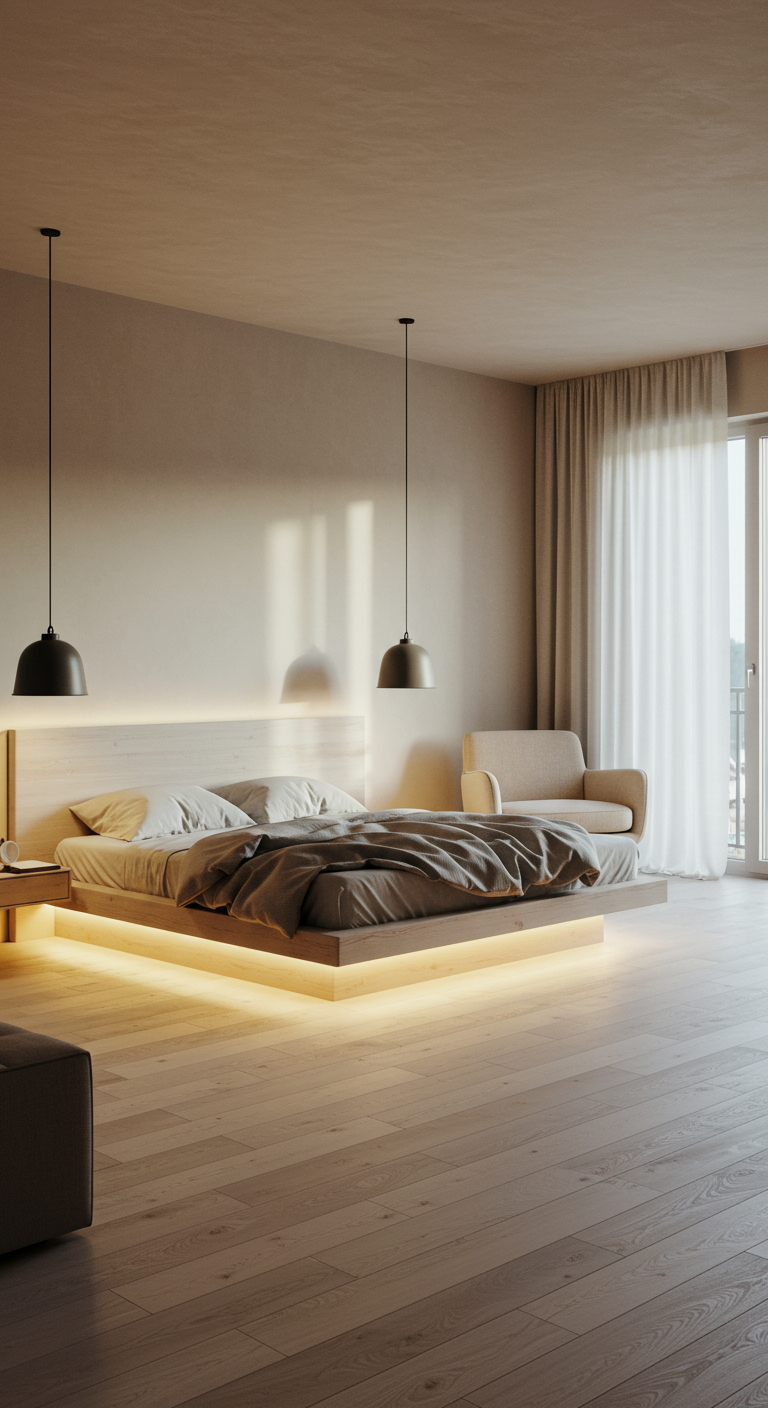 Modernes Schlafzimmer mit schwebendem Bett und indirekter LED-Beleuchtung.