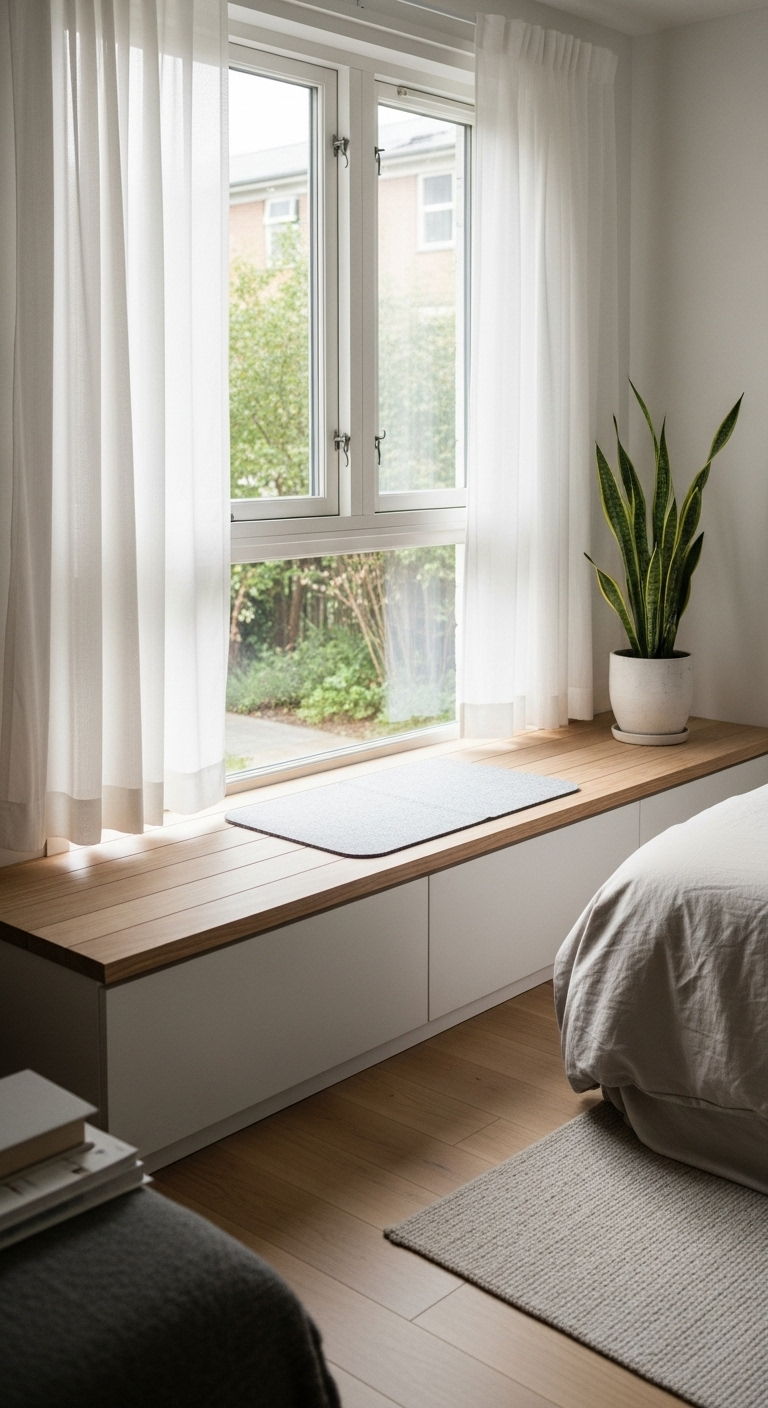 Moderne helle Holzfensterbank mit weißen Unterschränken und Pflanze.
