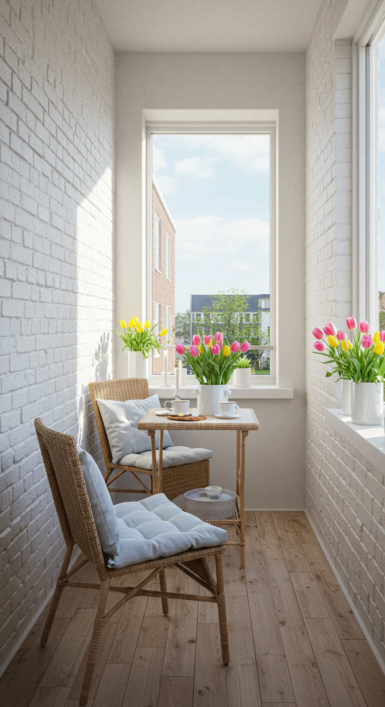 Heller Balkon mit Rattan-Bistro-Set, weißen Wänden und bunten Tulpen.