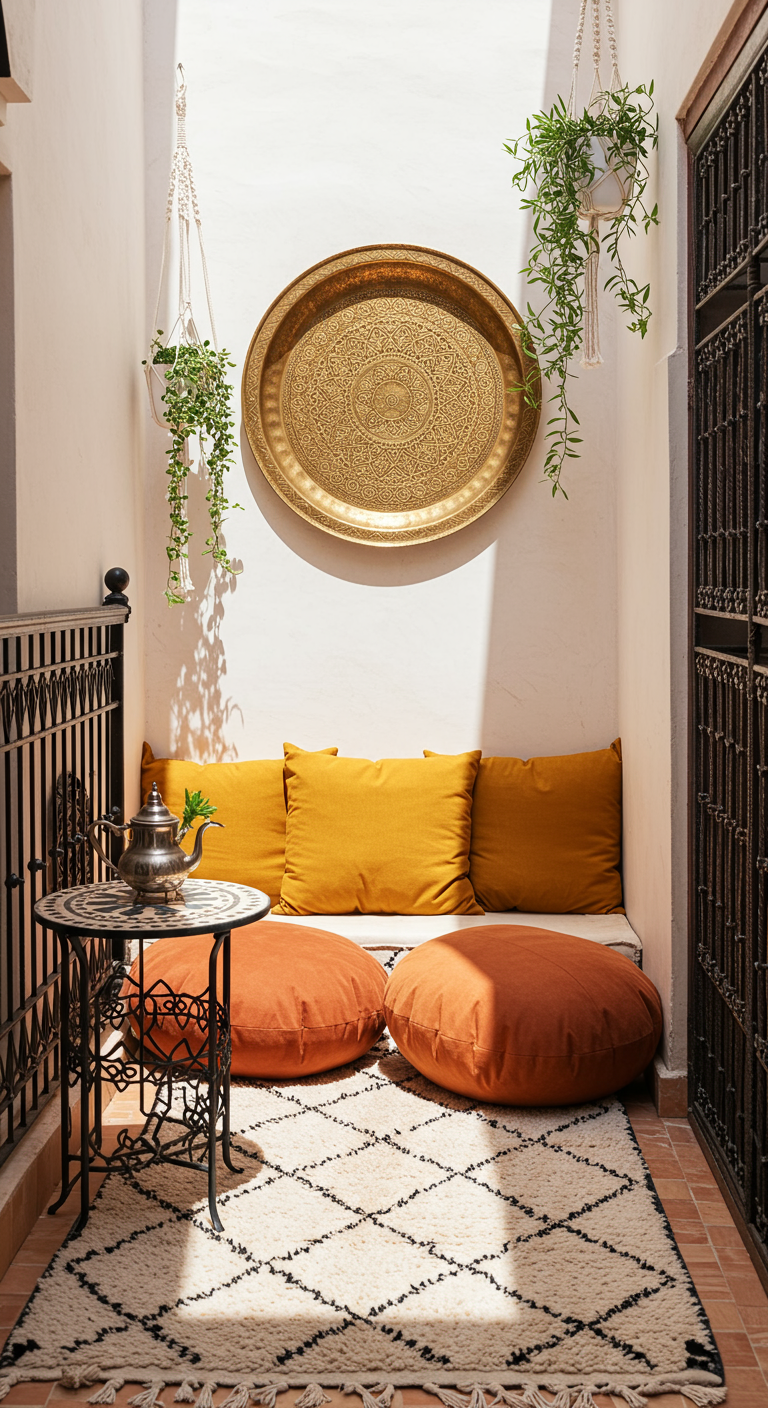 Heller marokkanischer Balkon mit gelben Kissen und Messing-Wanddeko.