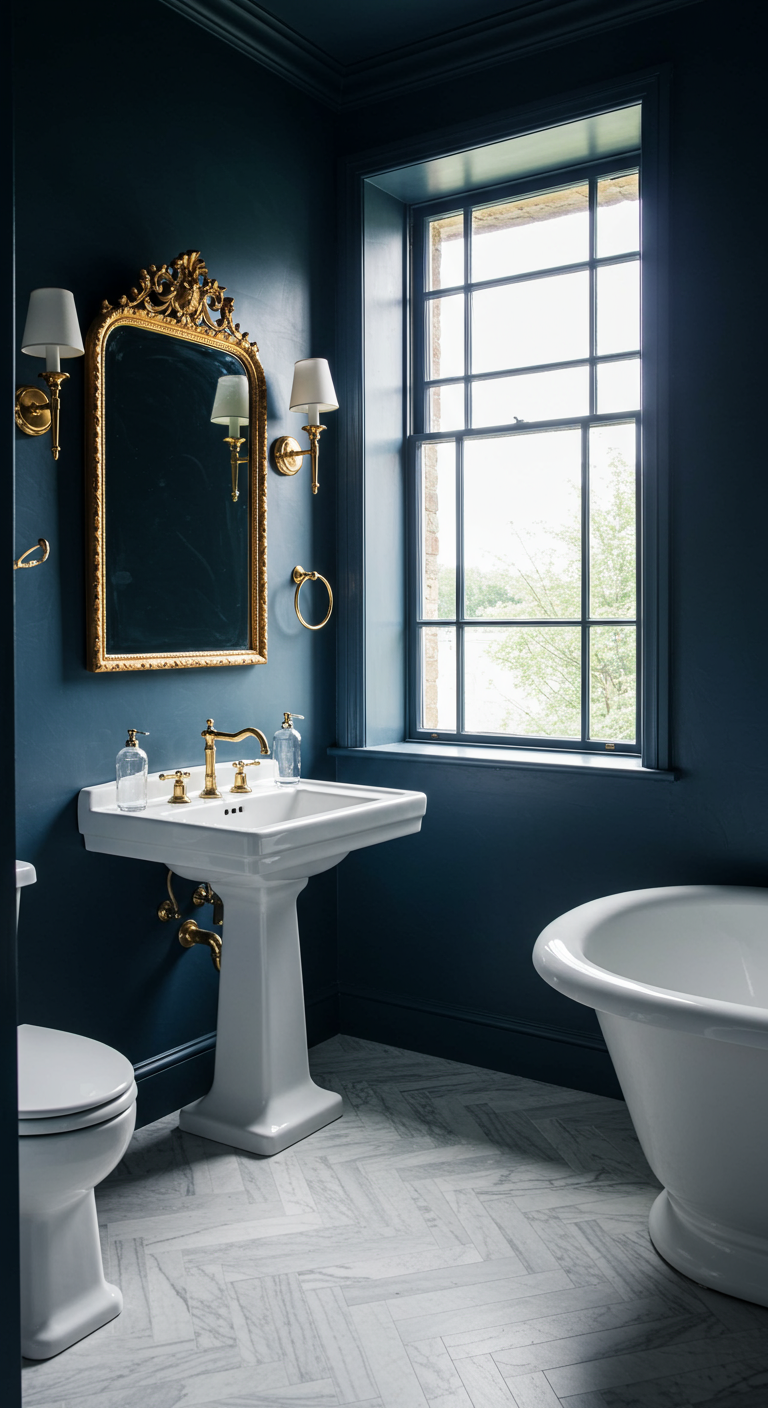 Badezimmer in Dunkelblau mit goldenem Spiegel und freistehender Badewanne.