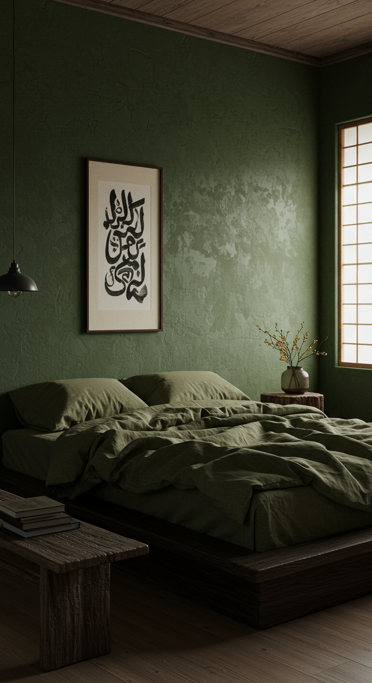 Dunkelgrünes japanisches Schlafzimmer mit niedrigem Holzbett und Shoji-Fenster.
