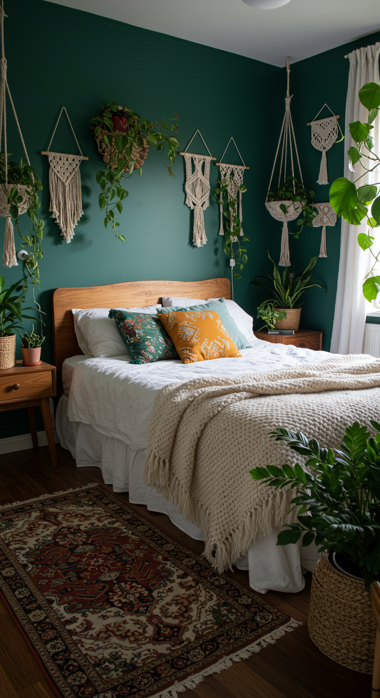 Dunkelgrünes Schlafzimmer mit vielen Hängepflanzen und Makramee.