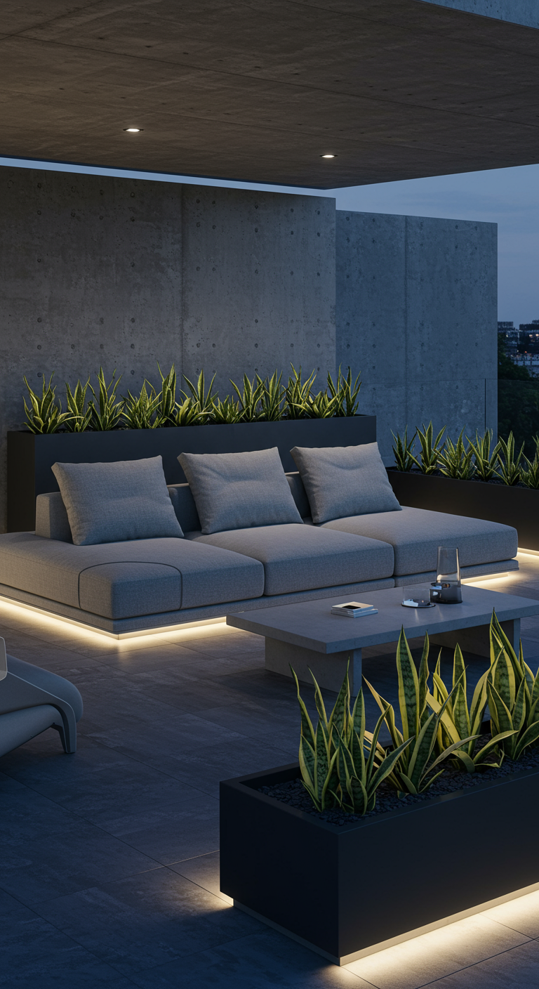 Modernes graues Outdoor-Sofa mit LED-Beleuchtung auf Betonterrasse bei Nacht.