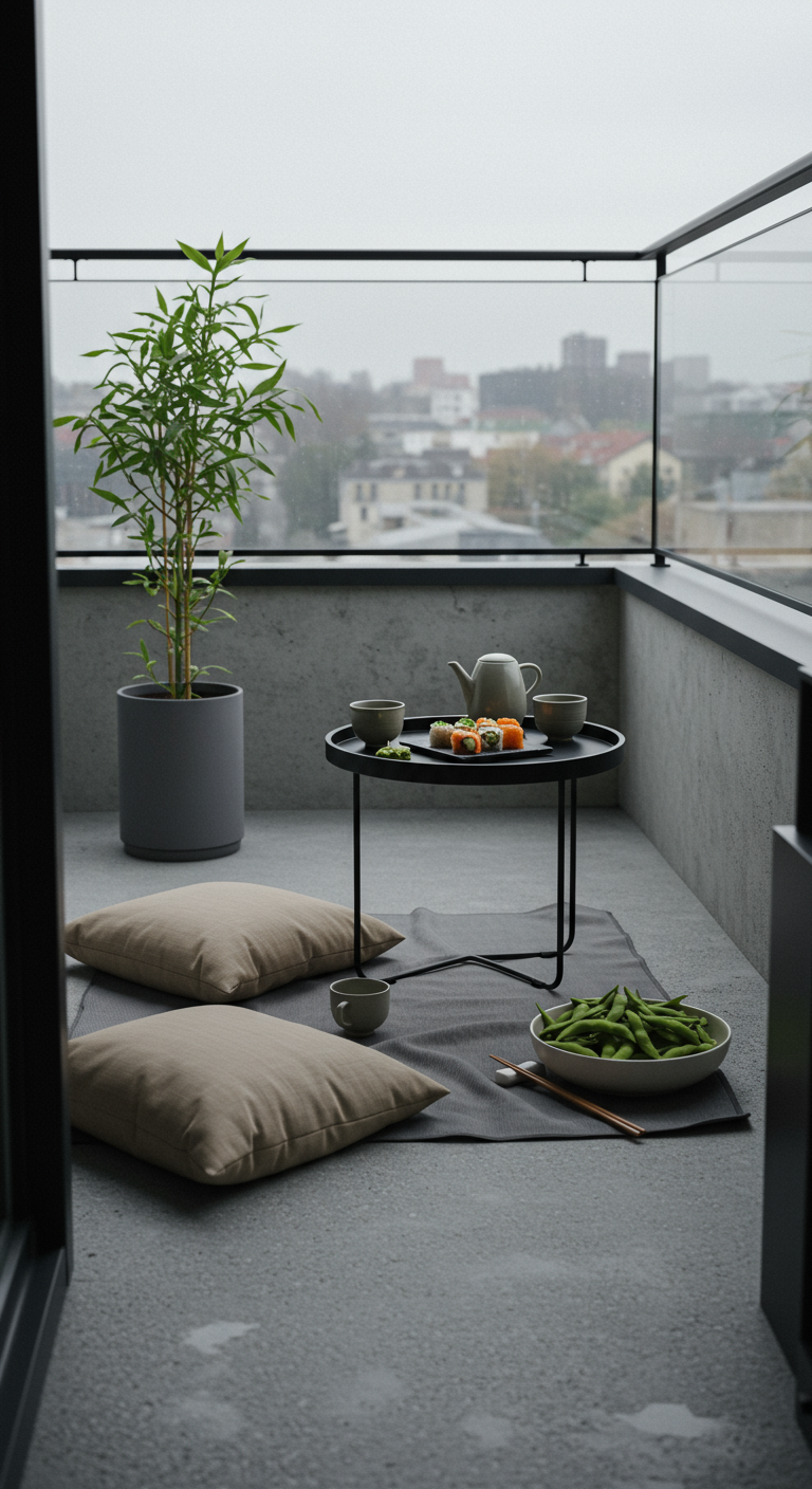 Minimalistisches Balkon-Picknick mit Sushi, Edamame und Kissen auf dem Boden.