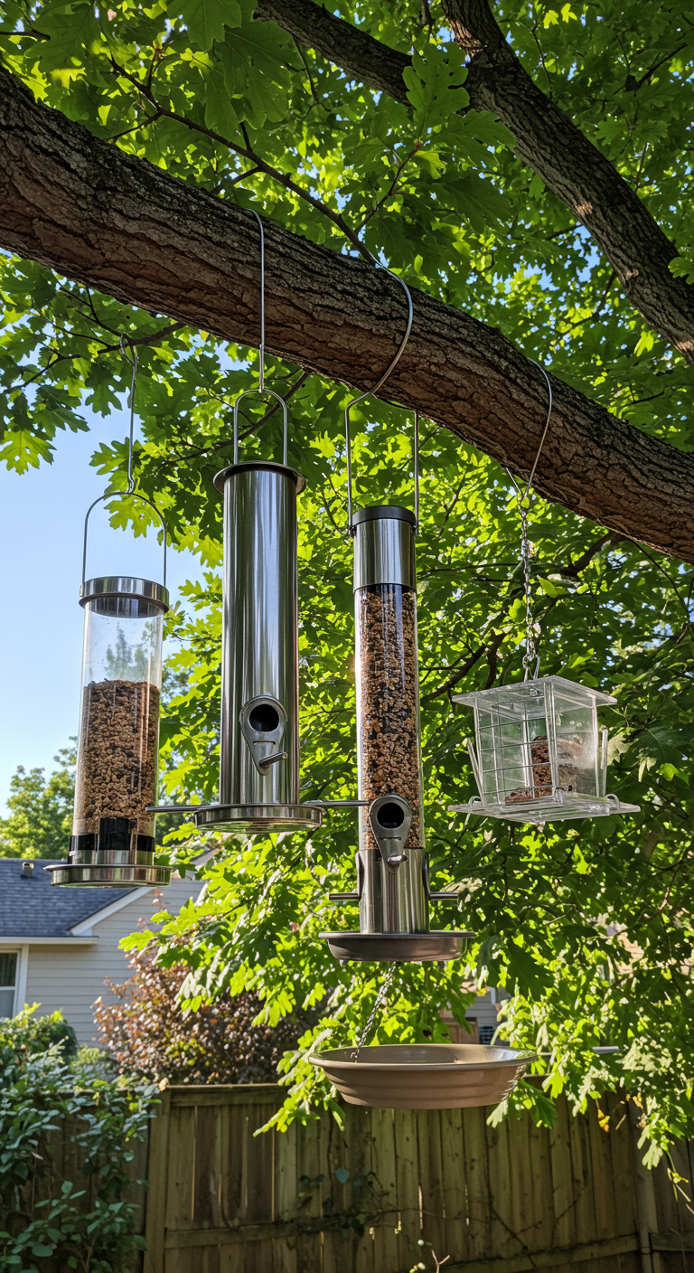 Moderne Vogelhäuschen aus Metall und Glas hängen von einem Baumast mit grünen Blättern.