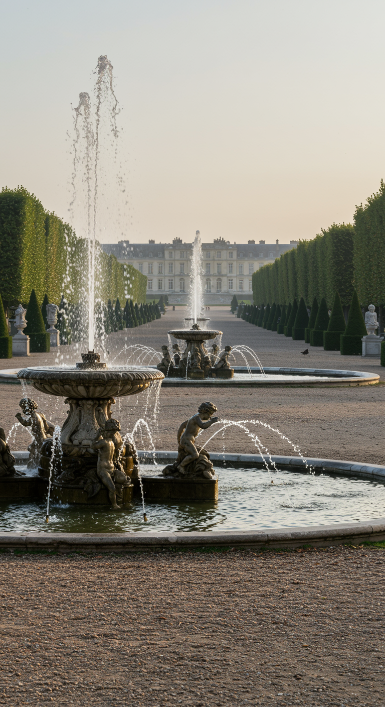 Opulente Springbrunnen in einer langen Gartenachse