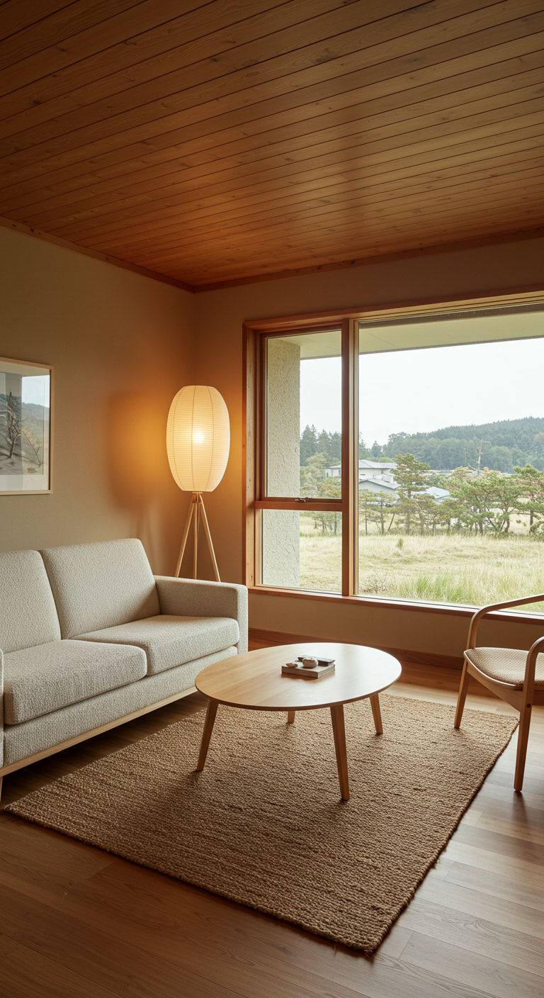 Japandi-Wohnbereich mit hellem Sofa, Holzsessel und großem Fenster.