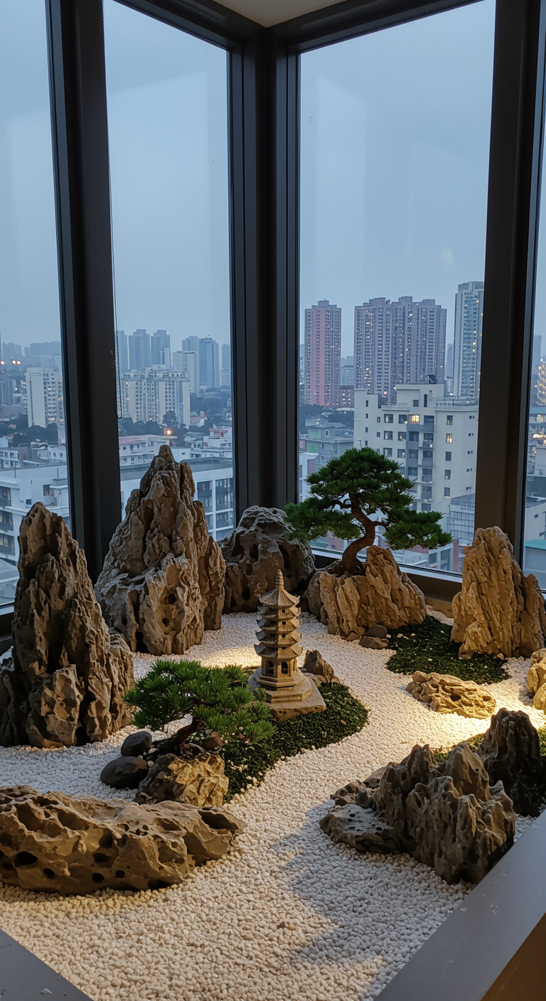 Miniatur-Zen-Garten mit Felsen, Kies, Bonsai und Pagode vor einer Fensterfront mit Stadtblick.