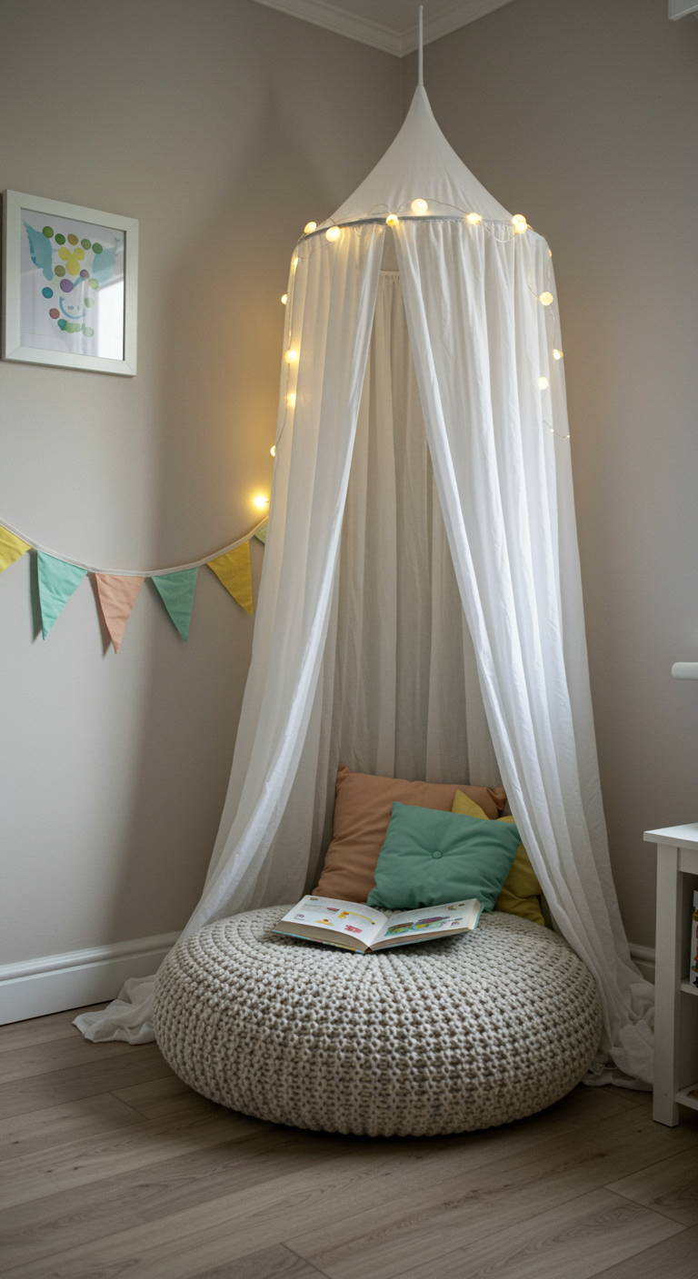 Gemütliche Leseecke mit weißem Betthimmel, Lichterkette und Strickpouf.