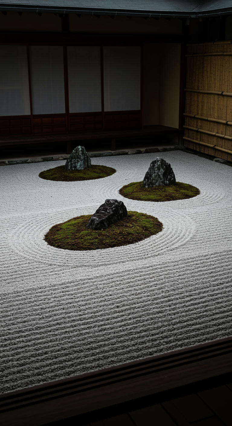 Japanischer Zen-Garten mit geharktem Kies, Moosinseln und drei Felsen.