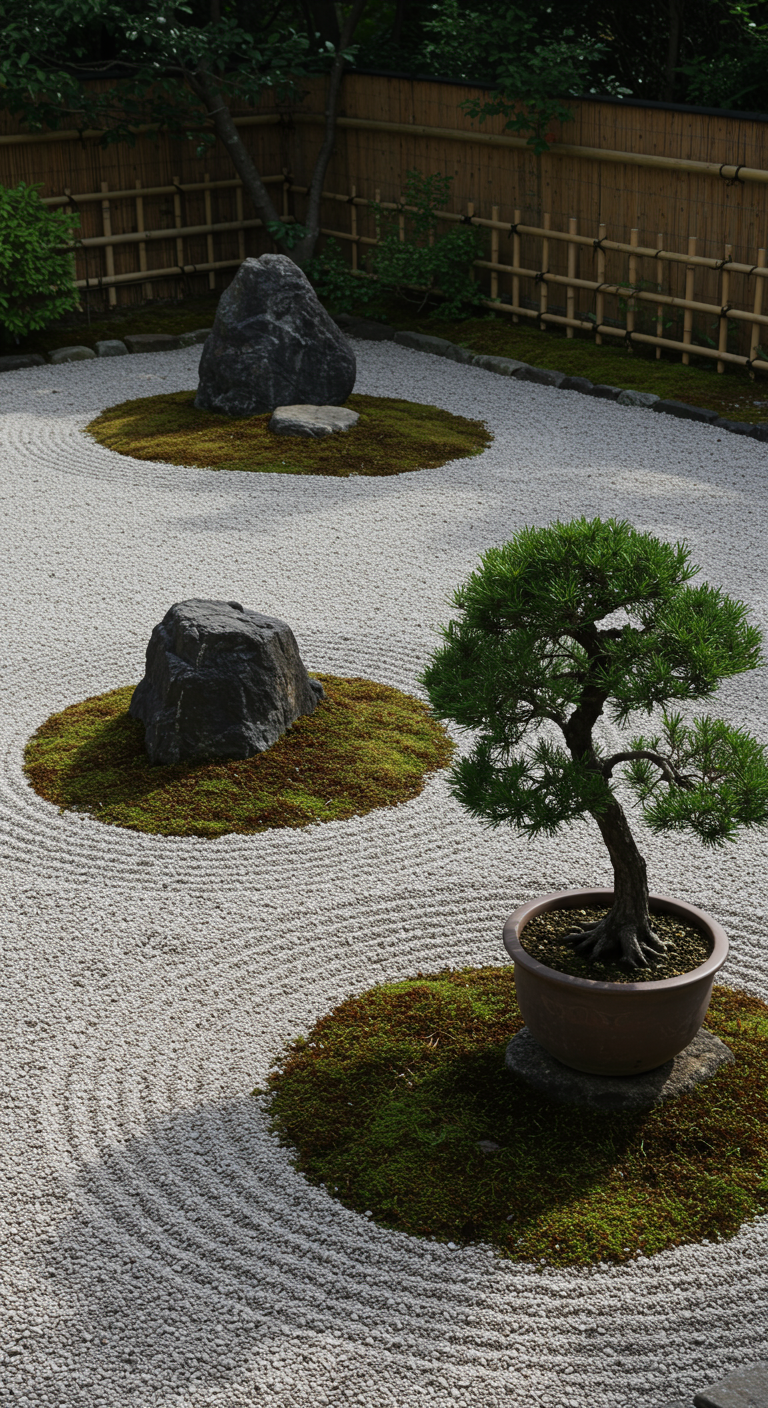 Zen-Garten mit geharktem Kies, Moosinseln, Felsen und einem Bonsai.