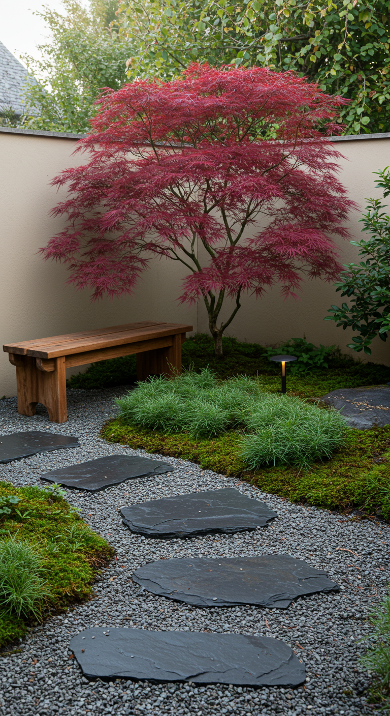 Japanischer Garten mit rotem Ahorn, Holzbank und Schieferplattenweg auf Kies.