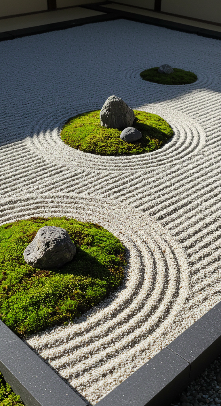 Kleiner Zen-Garten mit geharktem hellem Kies und Moosinseln mit Steinen.