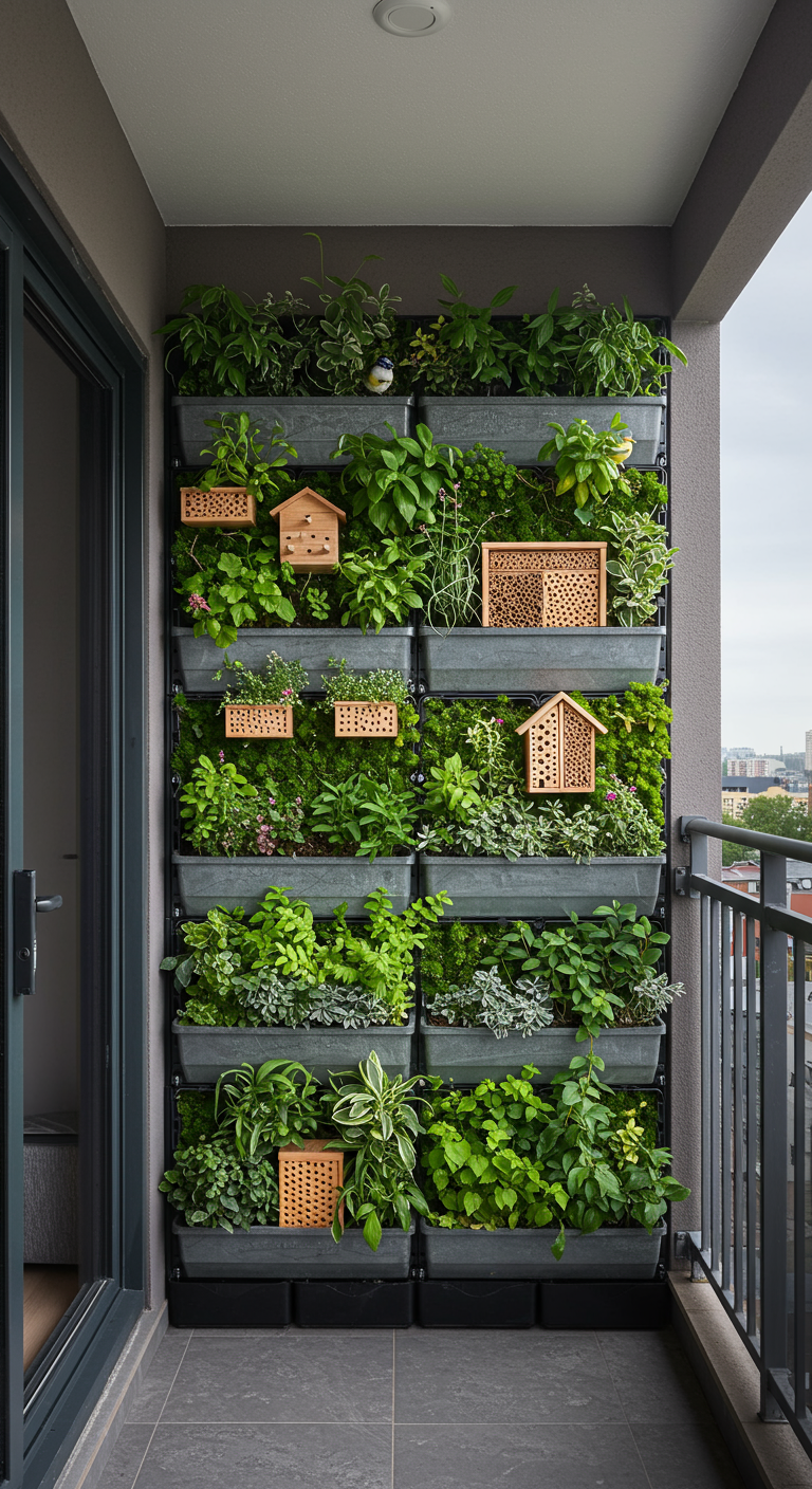 Schmaler Balkon mit vertikalem Pflanzsystem, vielen Kästen und integrierten Insektenhotels.