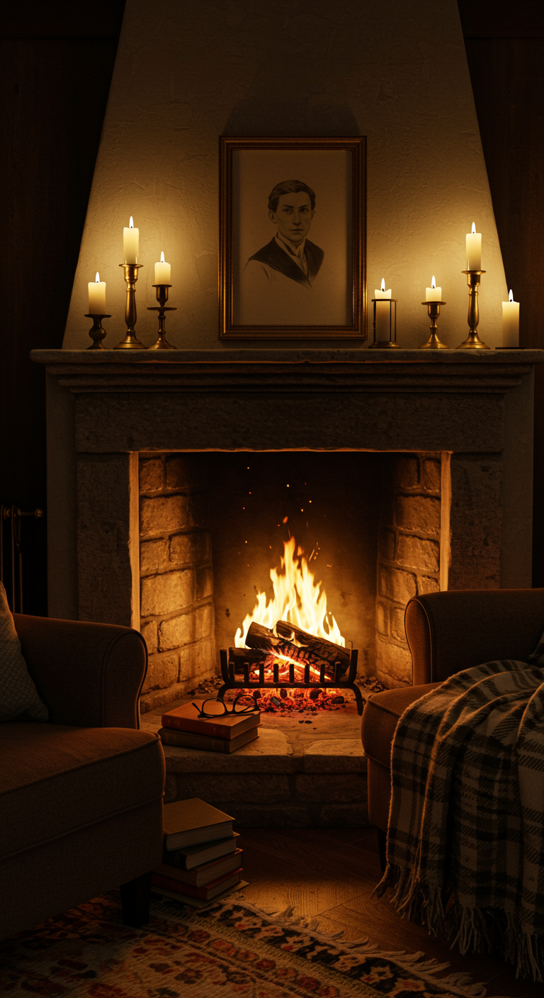 Gemütlicher Steinkamin mit brennendem Feuer, Kerzen und Sesseln davor.