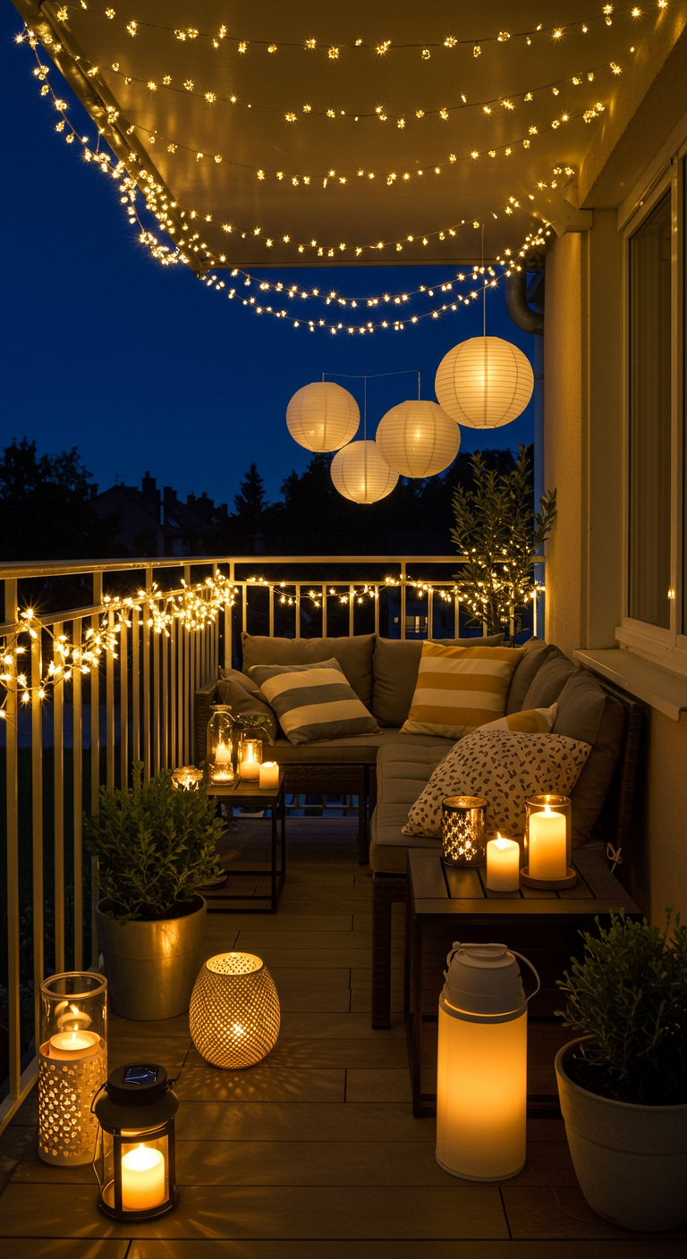 Balkon bei Nacht mit gemütlicher Lounge, vielen Lichterketten, Lampions und Kerzen.