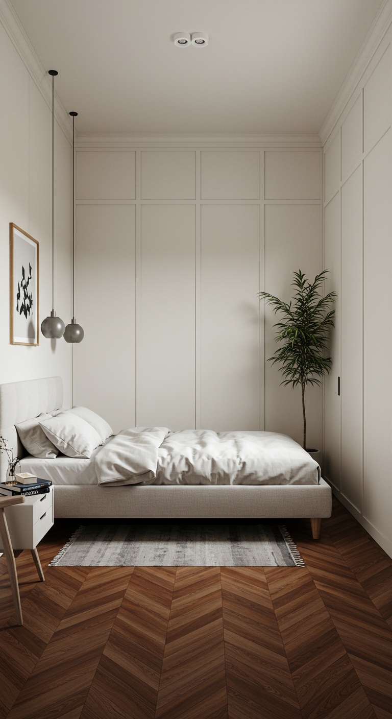 Minimalistisches Schlafzimmer mit cremefarbenen Wandpaneelen und Fischgrätparkett.
