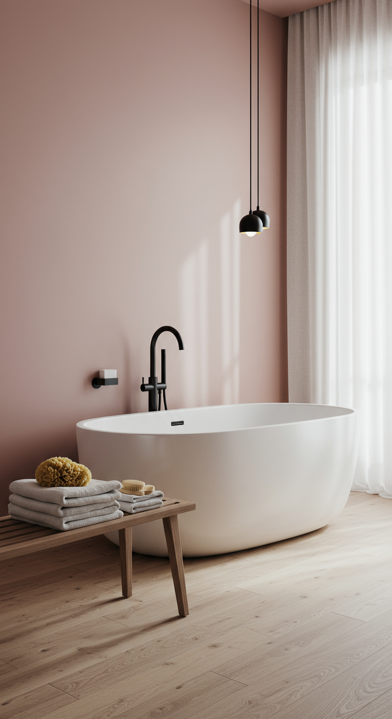 Minimalistisches Bad mit rosa Akzentwand hinter einer freistehenden Badewanne.