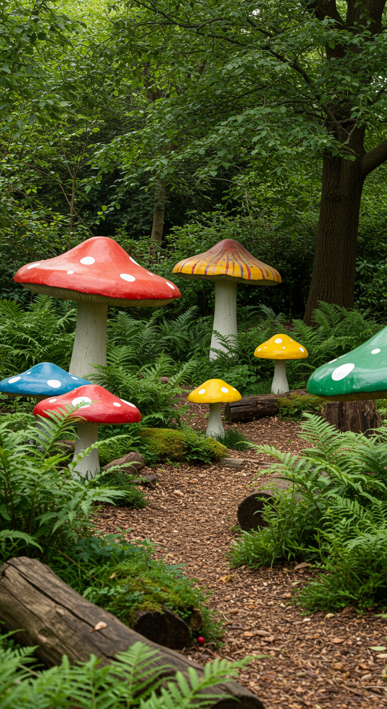 Gruppe von großen, bunten Deko-Pilzen in einer waldähnlichen Gartenecke.