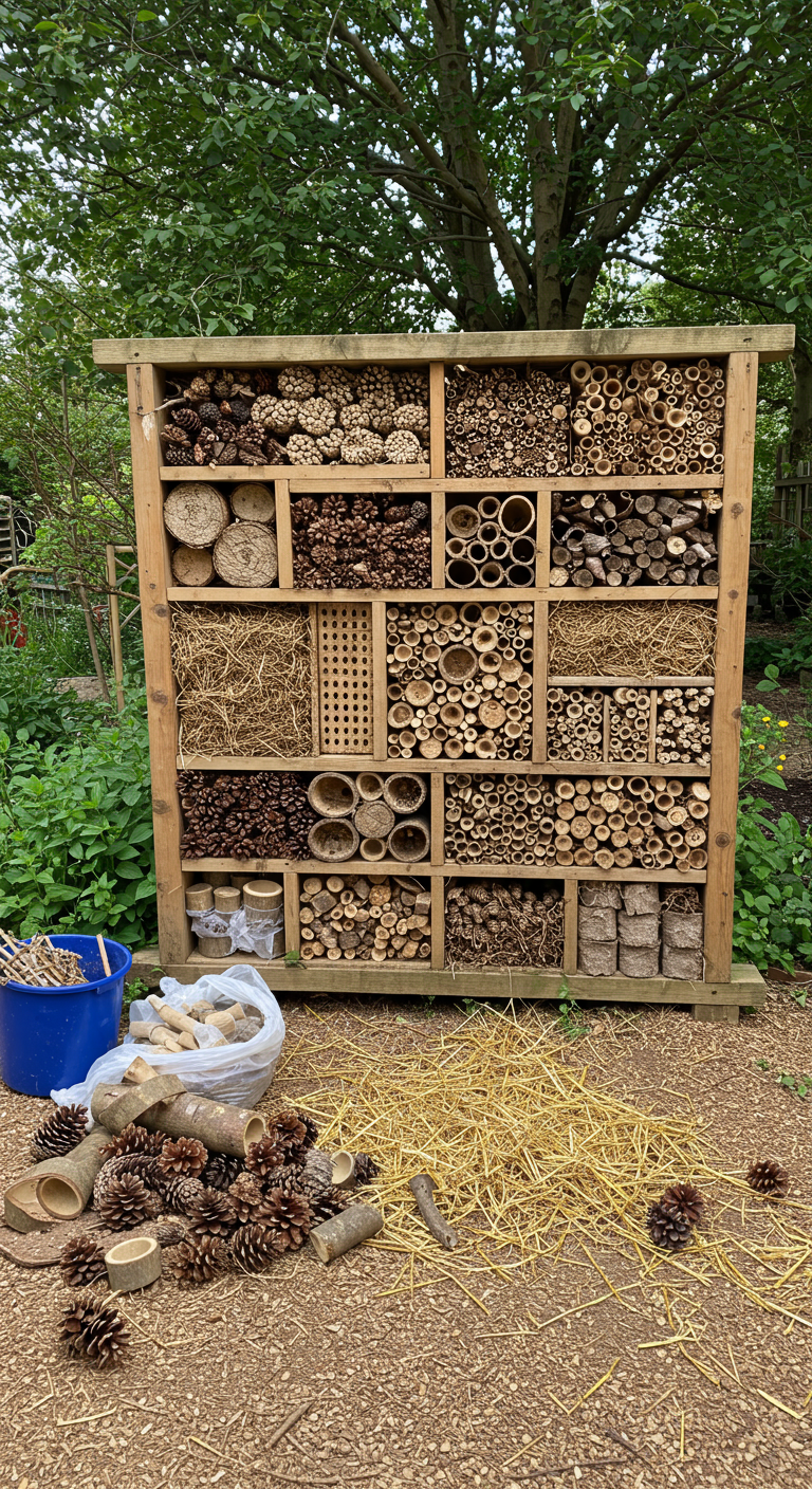 Großes, selbstgebautes Insektenhotel aus Holz mit verschiedenen Füllmaterialien.