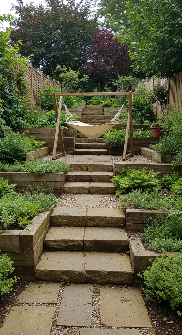 Hängematte unter einem Holzrahmen in einem terrassierten Garten mit Steinstufen und Grün.
