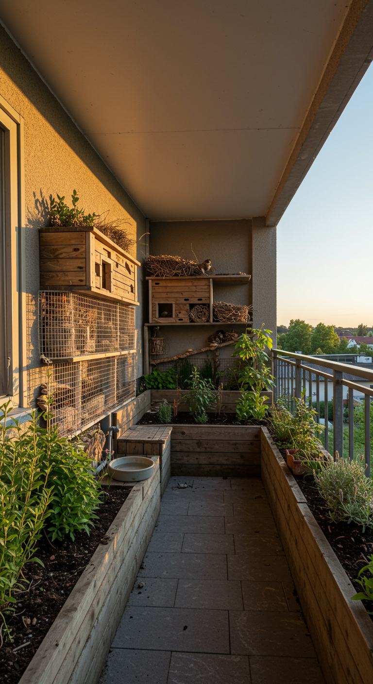 Schmaler Balkon bei Abendlicht mit Holzhochbeet, Vogelhäuschen und Insektenhotels.