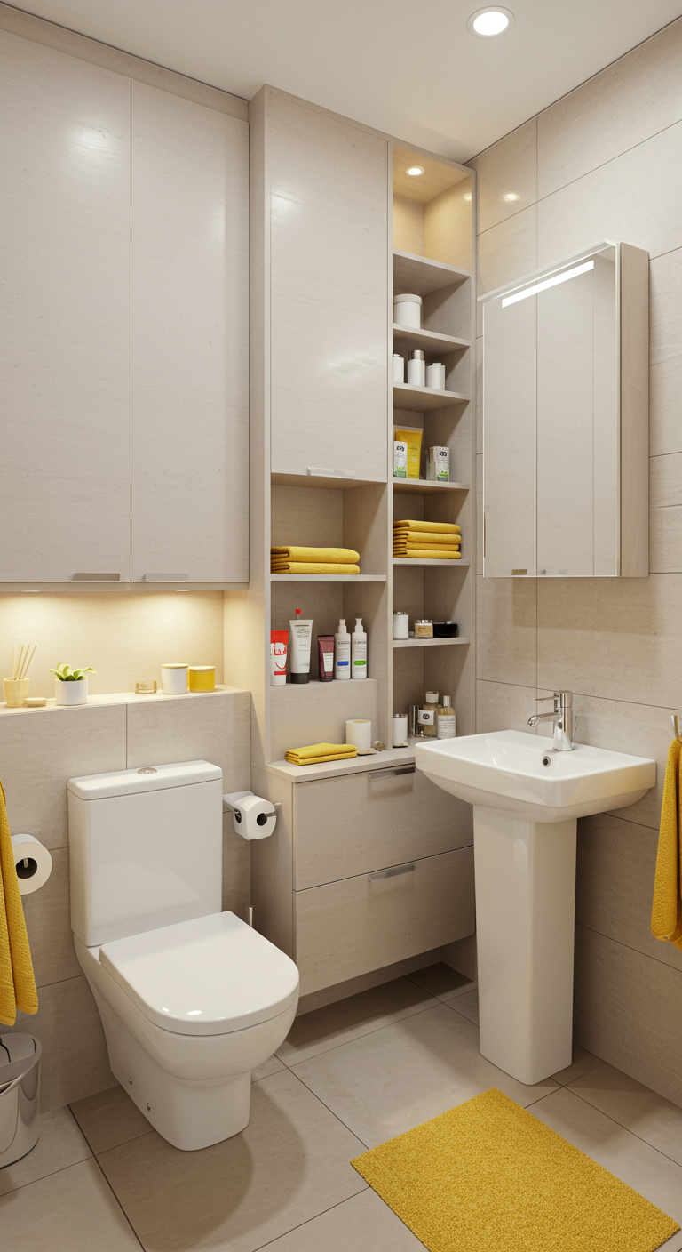 Badezimmer mit vielen Einbauschränken und gelben Handtuch-Akzenten.