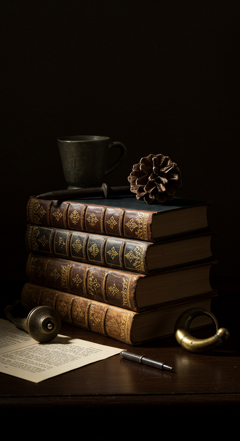 Stapel alter Bücher mit Ledereinband, daneben eine Tasse und ein Tannenzapfen.