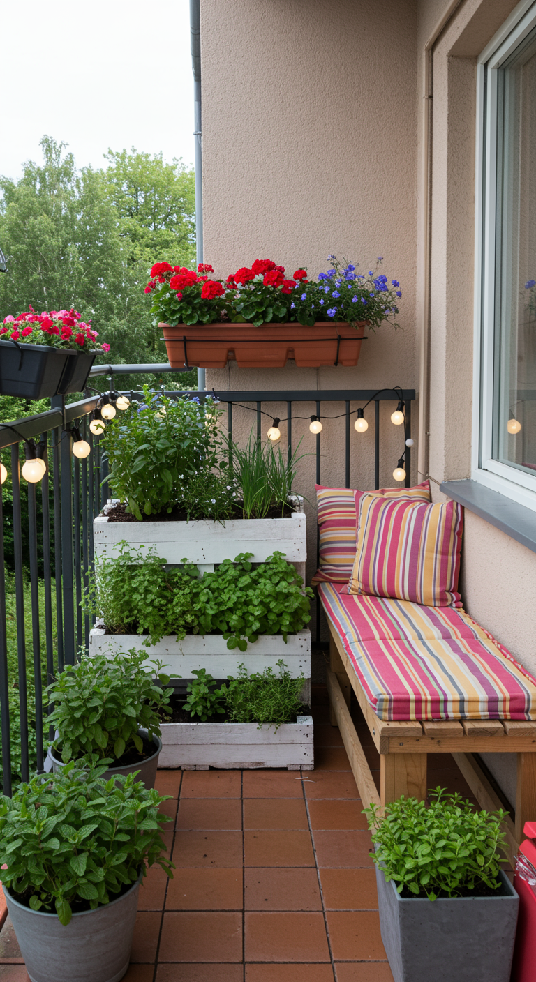 Gemütlicher Balkon mit DIY-Palettenmöbeln, Kräuterhochbeet und Lichterketten.