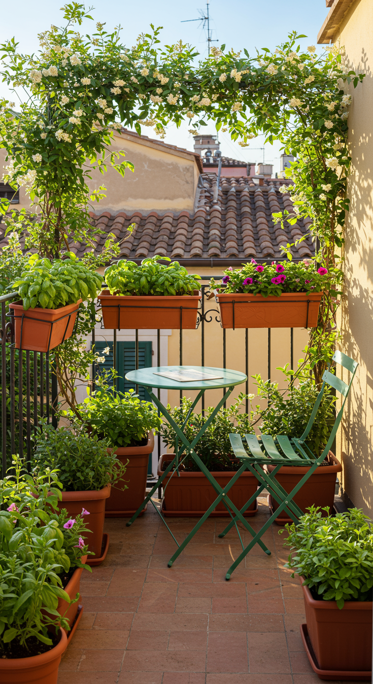 Kleiner Balkon mit Bistrotisch, vielen Kräutern in Terrakotta-Töpfen und Rankpflanzen.