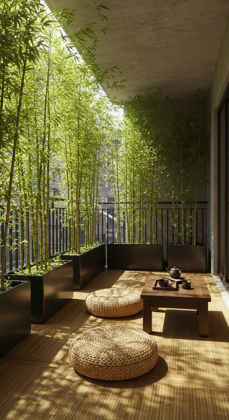 Balkon mit Bambus als Sichtschutz, niedrigem Tisch und Sitzkissen.
